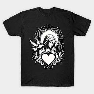 Holy Mary with heart and dove of peace T-Shirt